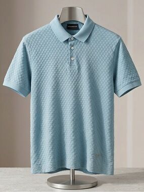 Emporio Armani Light Blue Textured Knit Polo Shirt - Size XL (Pit to Pit 23")